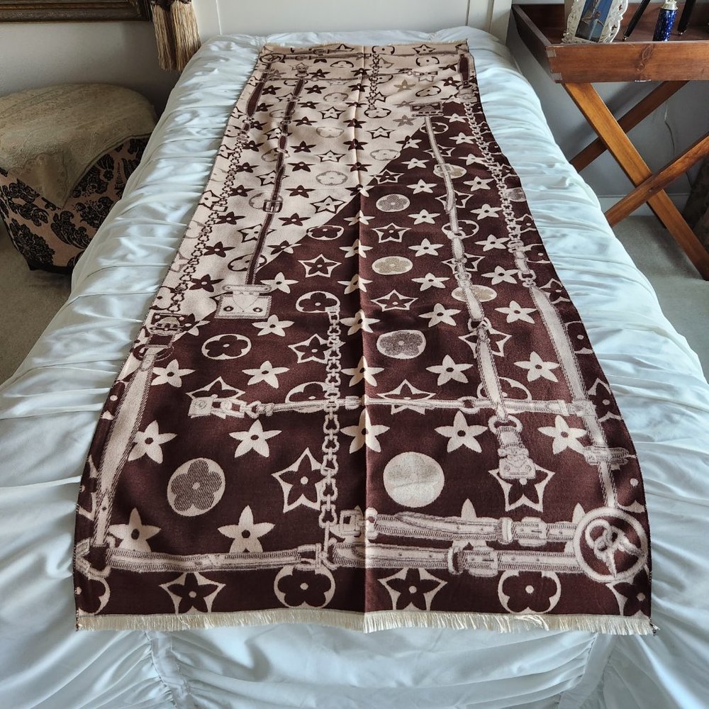LV clover and flower shawl scarf NOT made by  any designer brand brown and beige